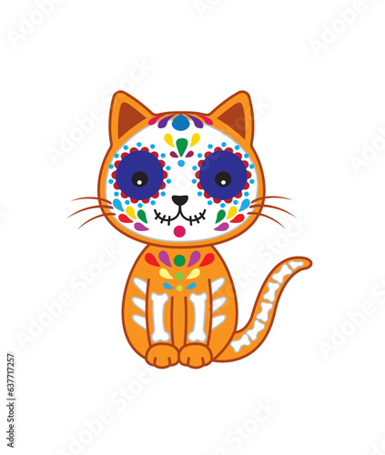Cute cartoon style illustration of a cat in traditional Day of the Dead Mexican style design