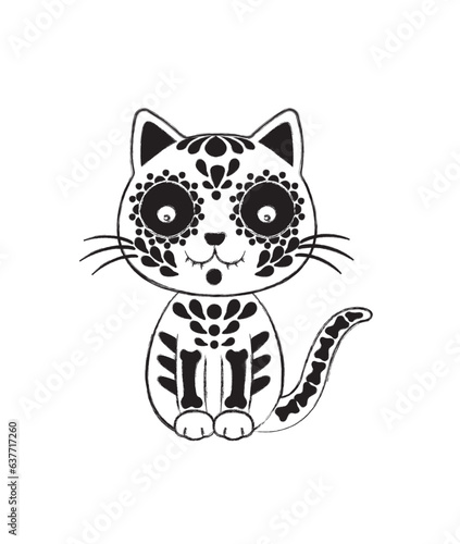 Cute cartoon style illustration of a cat in traditional Day of the Dead Mexican style design