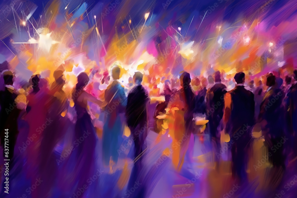 Silhouettes of crowd dancing in the nightclub, beautiful painting