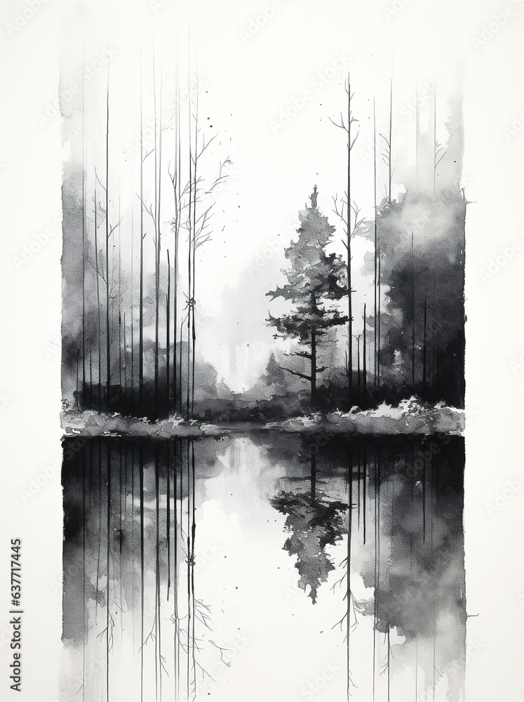Silhouette of the wood at the lake, beautiful black and white watercolor decorative poster