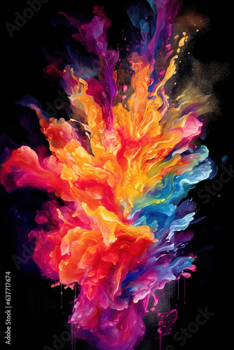 Creative flame made with colorful paint splash isolated on black background