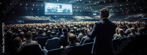 businessman standing hand rise asking question in midddel of seminar convention hall question request from businesman conference attending,ai generate photo
