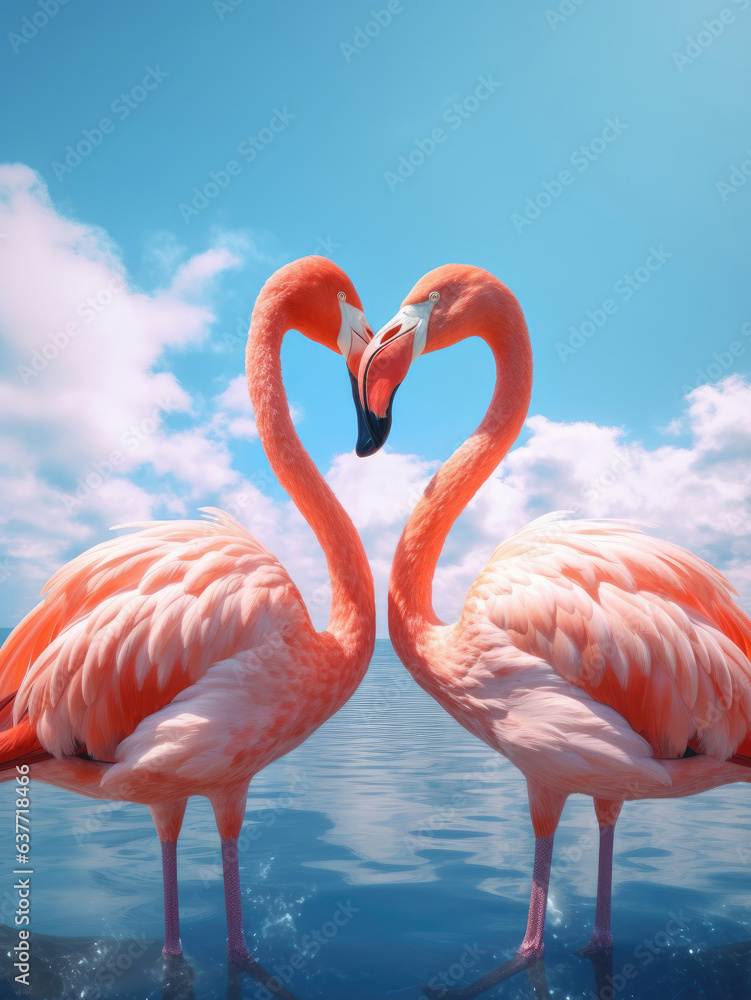Photo of two flamingos standing next to each other, water and blue sky