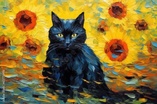 Black Cat made of oil paint modern art with sunflower Generative AI. photo
