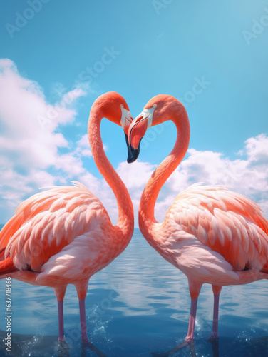 Photo of two flamingos standing next to each other, water and blue sky