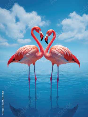 Photo of two flamingos standing next to each other  water and blue sky