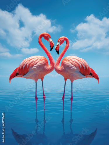 Photo of two flamingos standing next to each other, water and blue sky