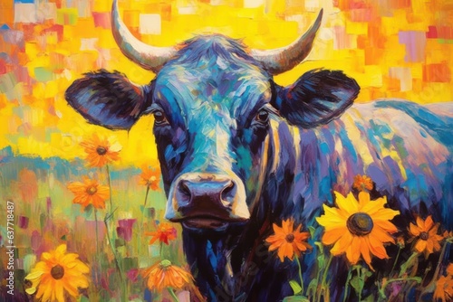 Nguni Bull Buffalo made of oil paint modern art with sunflower Generative AI.
