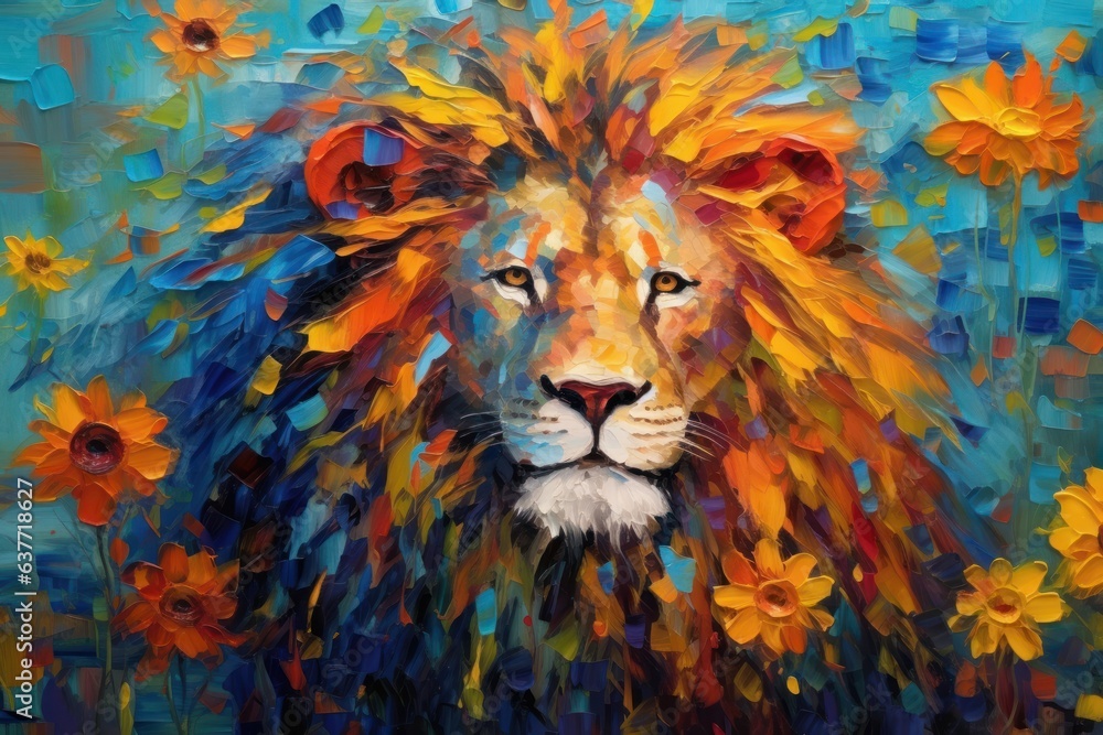 Lion made of oil paint modern art with sunflower Generative AI.