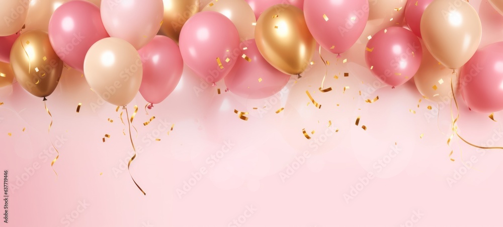 Celebration background with pink confetti and golden balloons. Banner