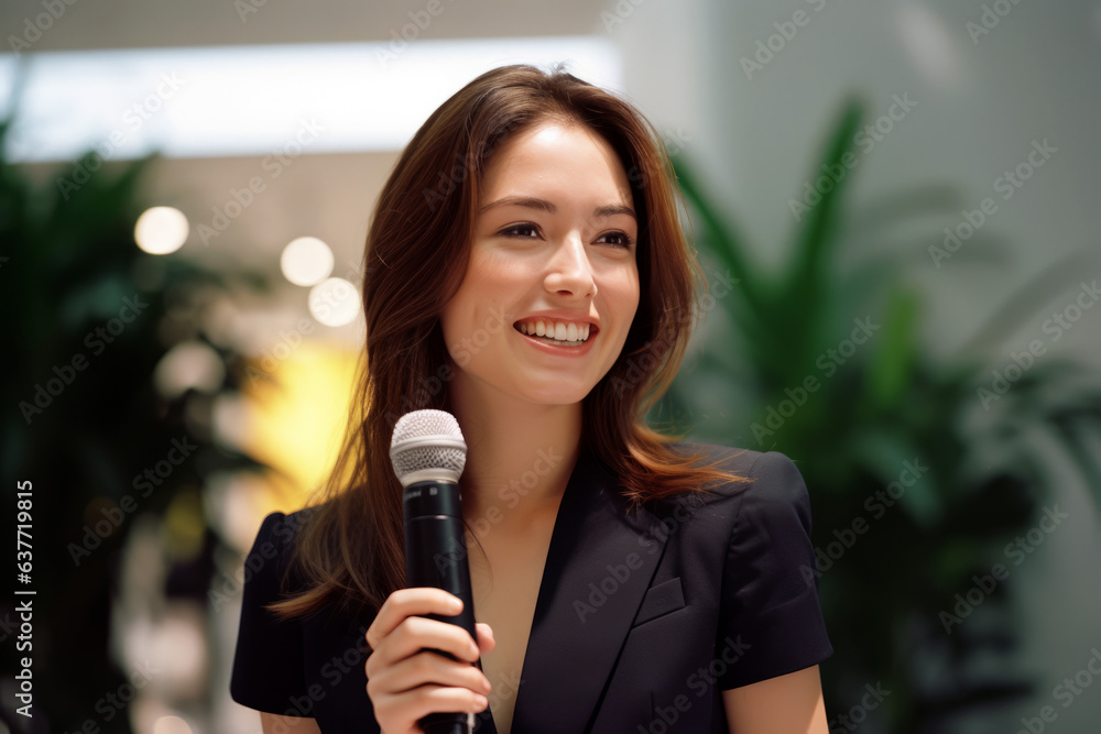 A young, confident corporate businesswoman, smiling as she holds a microphone, delivering a candid presentation in a boardroom filled with attentive colleagues. A young, confident corporate businesswoman, smiling as she holds a microphone, delivering a candid presentation in a boardroom filled with attentive colleagues.