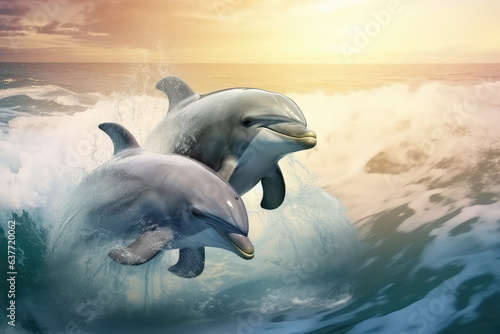 Print op canvas two dolphins swimming in water