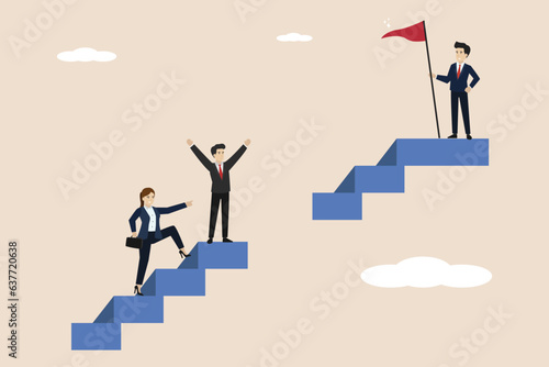 Skill gap  employee knowledge discrepancy  career problems or talent barriers  business people climb the ladder to find threshold gaps to achieve goals.
