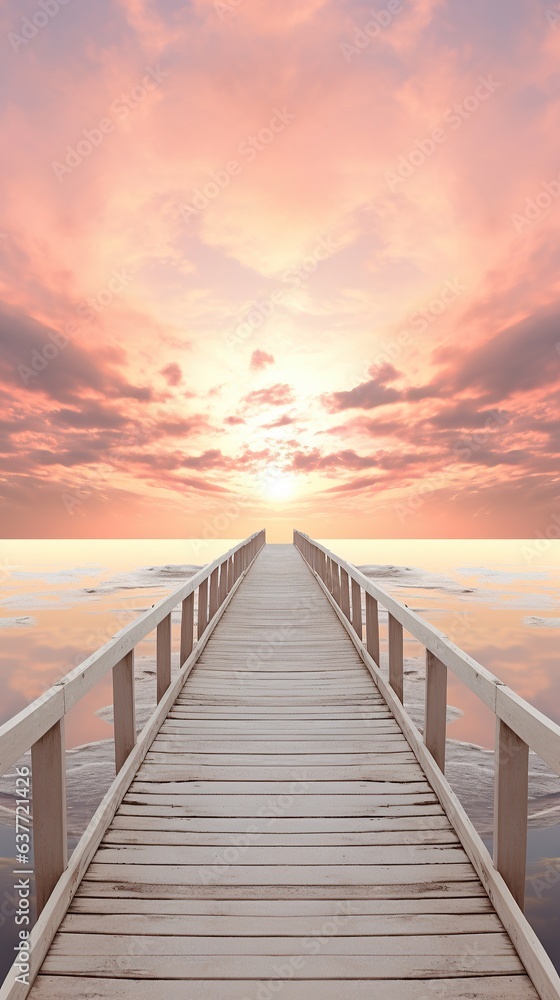 A brilliant sunrise paints the sky in a spectrum of colors as a wooden boardwalk stretches across the horizon, inviting adventurers to explore the majestic ocean below