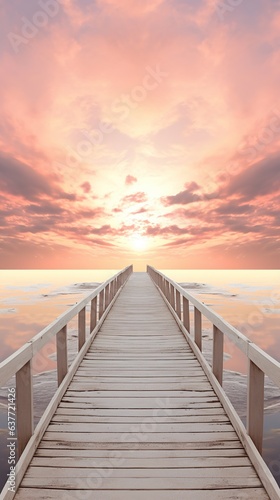 A brilliant sunrise paints the sky in a spectrum of colors as a wooden boardwalk stretches across the horizon  inviting adventurers to explore the majestic ocean below