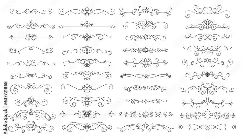 Flourish calligraphic design elements set. Vintage swirls and scrolls for page decoration. Ornate symbols for retro design frames and invitations