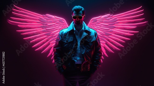 Neon-Synth blade runner: retro jacketed man with vibrant wings in pink and blue