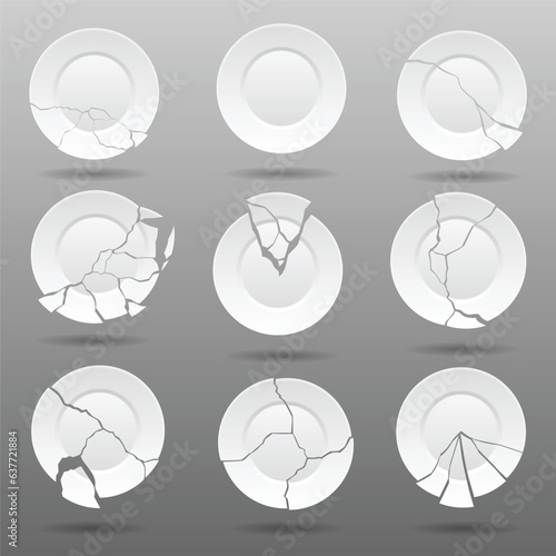 Broken white plates with varying degrees of damage and one whole plate mockup. Shattered food plate. Dishware with damage. Icon isolated on white background. Vector illustration
