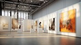 An art gallery with beautiful paintings displayed on minimalist white walls.