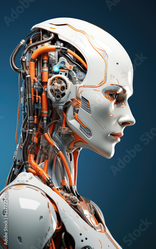 Android robot face portrait on blue background and orange colors. Artificial intelligence concept. Futuristic female robot head with technology neural system. Generative AI androgynous head-shot.