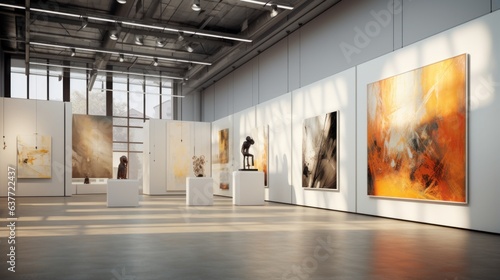 An art gallery with beautiful paintings displayed on minimalist white walls. photo