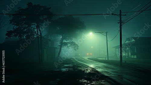 Mystical night in rural Louisiana city - enchanting mist in cyan and emerald tones - fog in the city