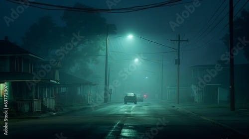 Mystical night in rural Louisiana city - enchanting mist in cyan and emerald tones - night in the city
