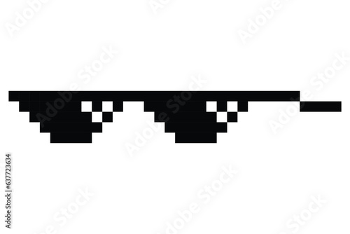 Pixel glasses meme. Like a boss meme. Pixelation, accessory optical fashion. 8 bit funky logo icon. Vector cartoon eyeglass frame for sunglasses