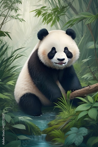 Panda Bear Relaxing in the Jungle a Serene View AI Generative