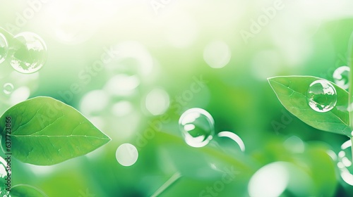 Serene outdoor health garden: abstract blurred green background with focused white bubbles and leaves, green leaves background