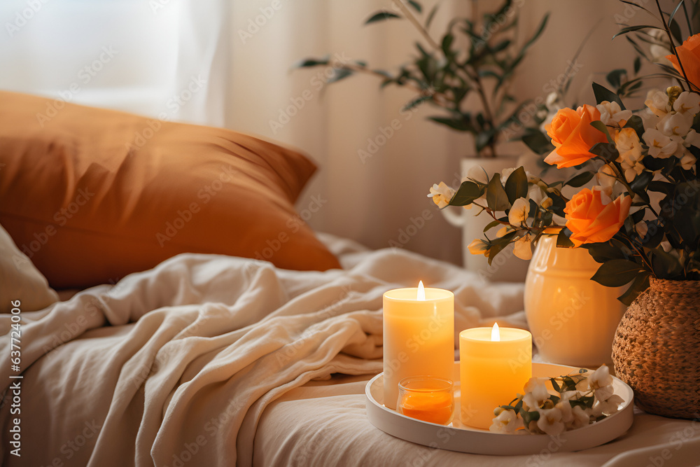 Warm Bedroom Ambiance with Orange Candles and Flowers Warm Bedroom Ambiance with Orange Candles and Flowers