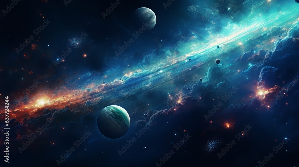 Vibrant abstract space background with cosmic planets and celestial elements Vibrant abstract space background with cosmic planets and celestial elements