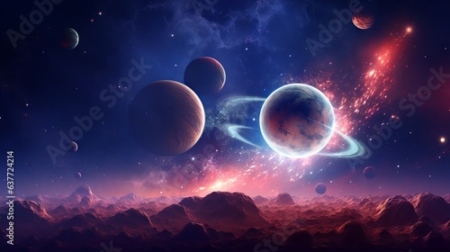 Vibrant abstract space background with cosmic planets and celestial elements