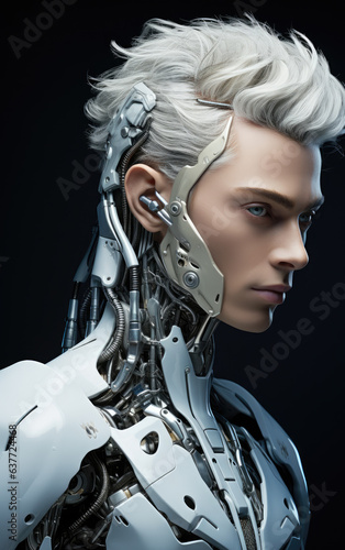 Android robot face portrait on black background. Artificial intelligence concept. Futuristic blond male robot head with technology neural system. Generative AI androgynous head-shot.