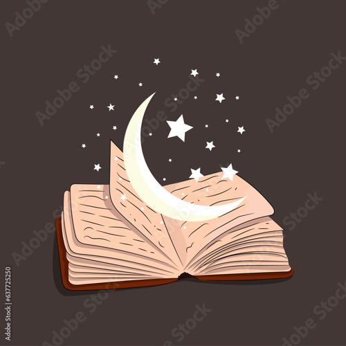 Opened ancient magic book with moon and stars.