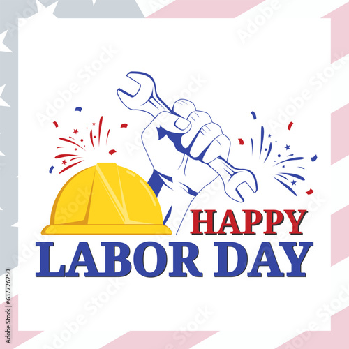 vector graphic of hand grabbing a wrench and helmet on America flag background suitable for USA labor day
