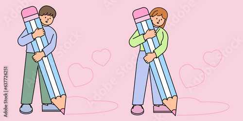 Man and Woman Holding a Big Pencil and Drawing a Heart, Love yourself concept. Simple vector illustration.