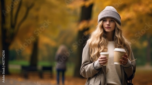 A woman holding a cup of coffee in a park