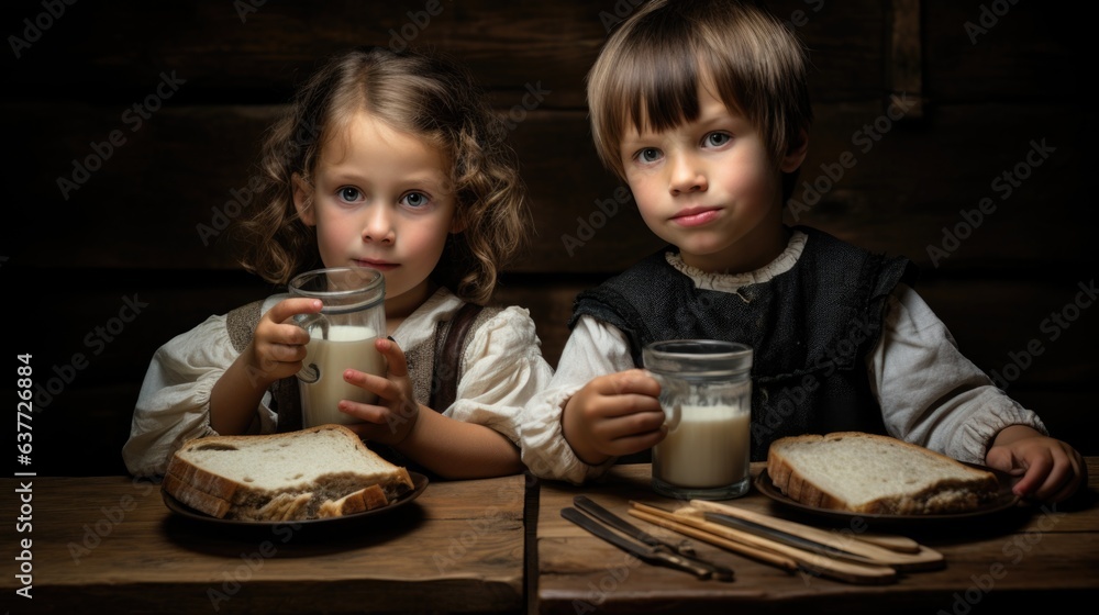 Two children sitting at a table with bread and milk