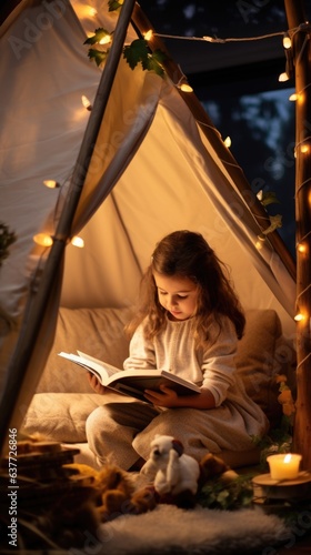 A little girl reading a book in a teepee