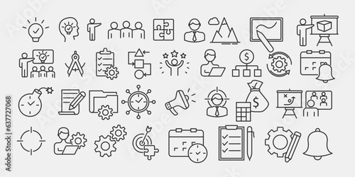 Project management set of web icons in line style. Business or organization management icons for web and mobile app. Time management  planning  project  startup  marketing. vector illustration sign