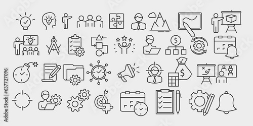 Project management set of web icons in line style. Business or organization management icons for web and mobile app. Time management, planning, project, startup, marketing. vector illustration sign