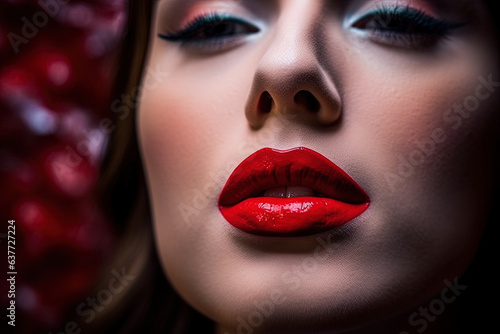 Close-up of young female lips covered with red lipstick