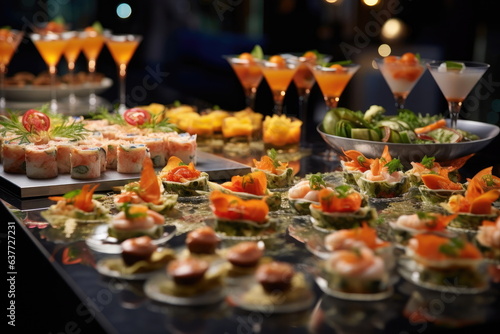 Buffet food, catering food party at restaurant, mini canapes, snacks and appetizers