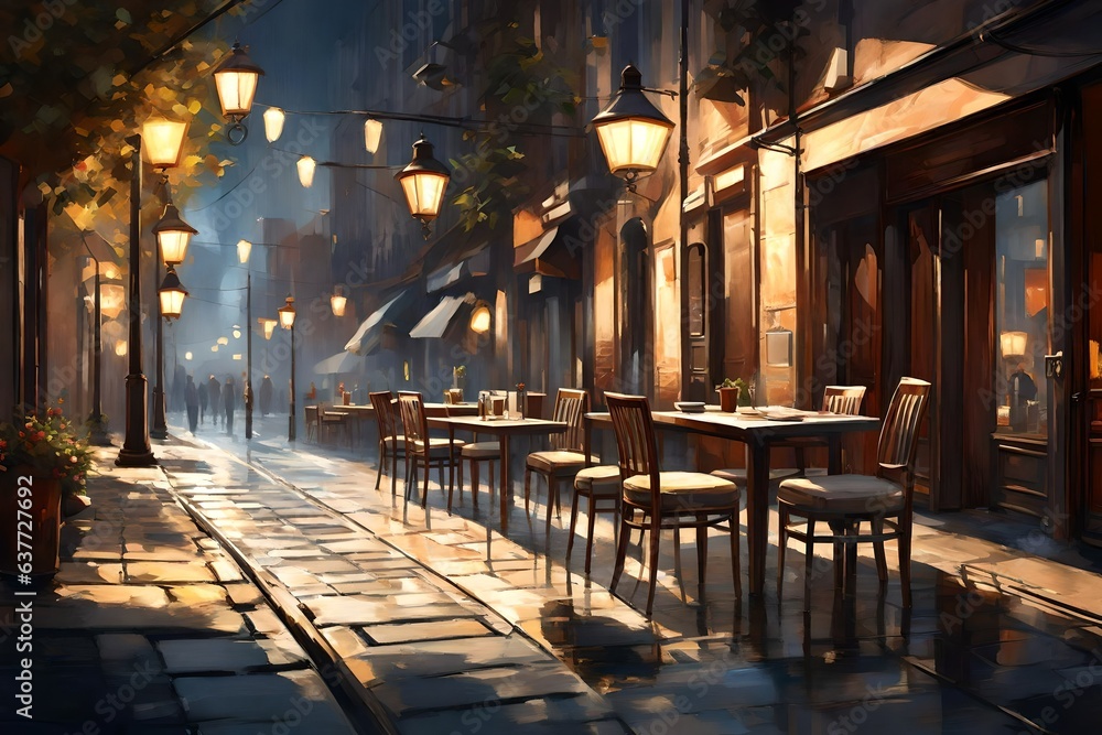 a painting of a city street with tables, chairs and lamps 3d render - obrazy, fototapety, plakaty 