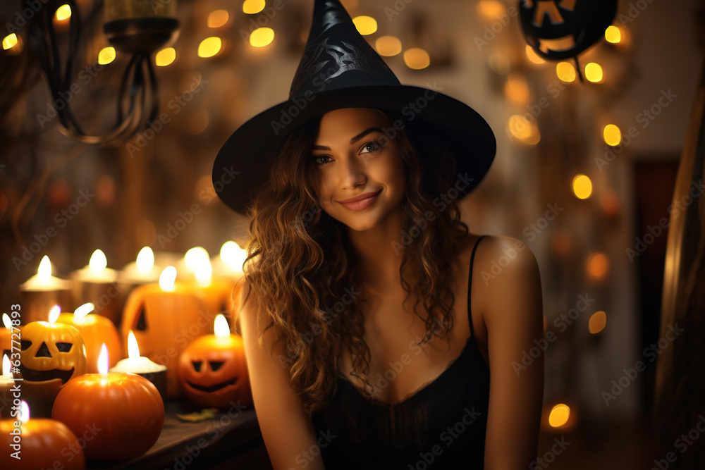 Halloween smiling charming young caucasian woman in witch hat with pumpkins and candles indoors looking at camera Halloween smiling charming young caucasian woman in witch hat with pumpkins and candles indoors looking at camera
