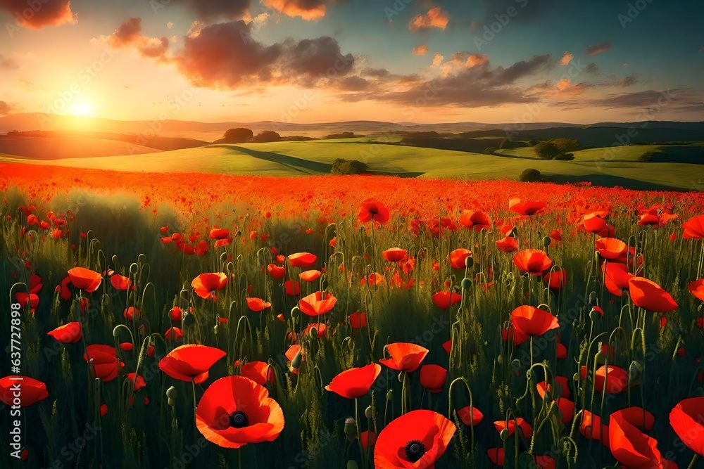 Beautiful nature background with red poppy flower poppy in the sunset in the field. Remembrance day, Veterans day, lest we forget concept. 3d render - obrazy, fototapety, plakaty 