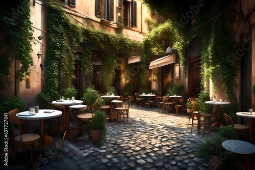 Beautiful ancient street in Rome lined with leafy vines and cafe tables 3d render