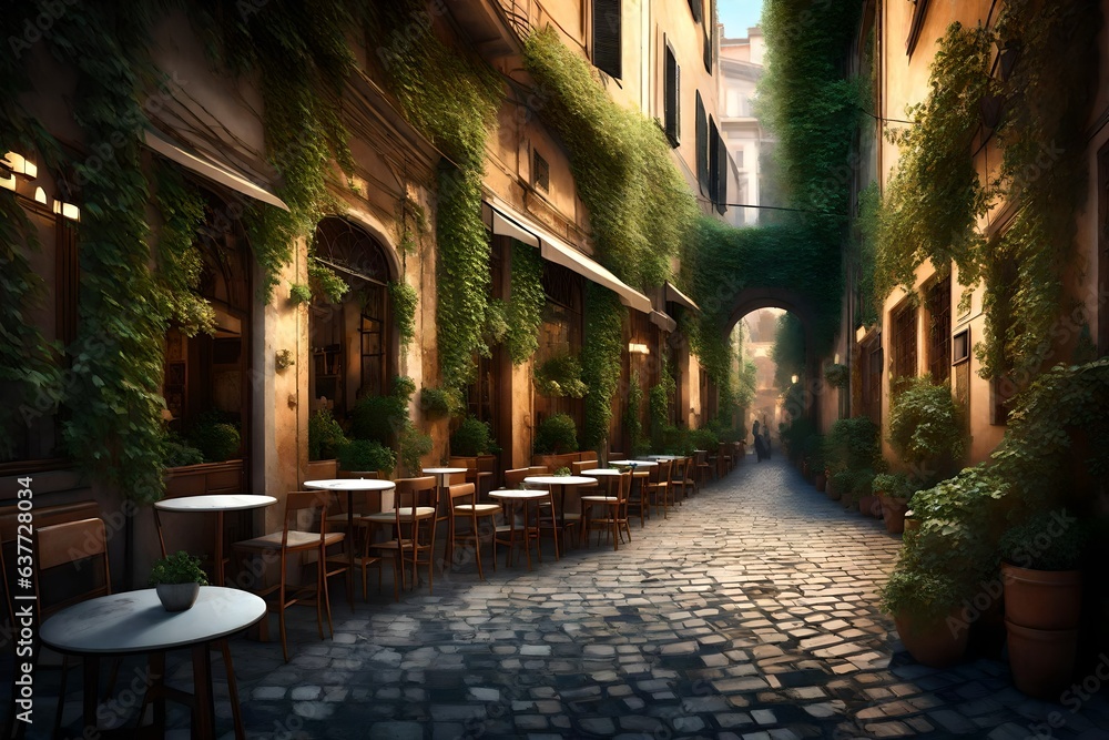 Beautiful ancient street in Rome lined with leafy vines and cafe tables 3d render