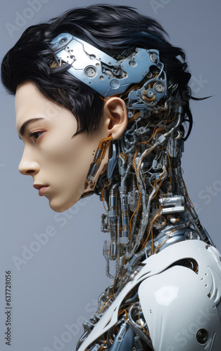 Android robot face portrait on gray background. Artificial intelligence concept. Futuristic male robot, head with technology neural system. Generative AI man head-shot.